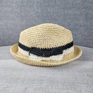 Kate Spades New York Hat Off Fedora 100% Paper Crochet Black White Trim with Bow